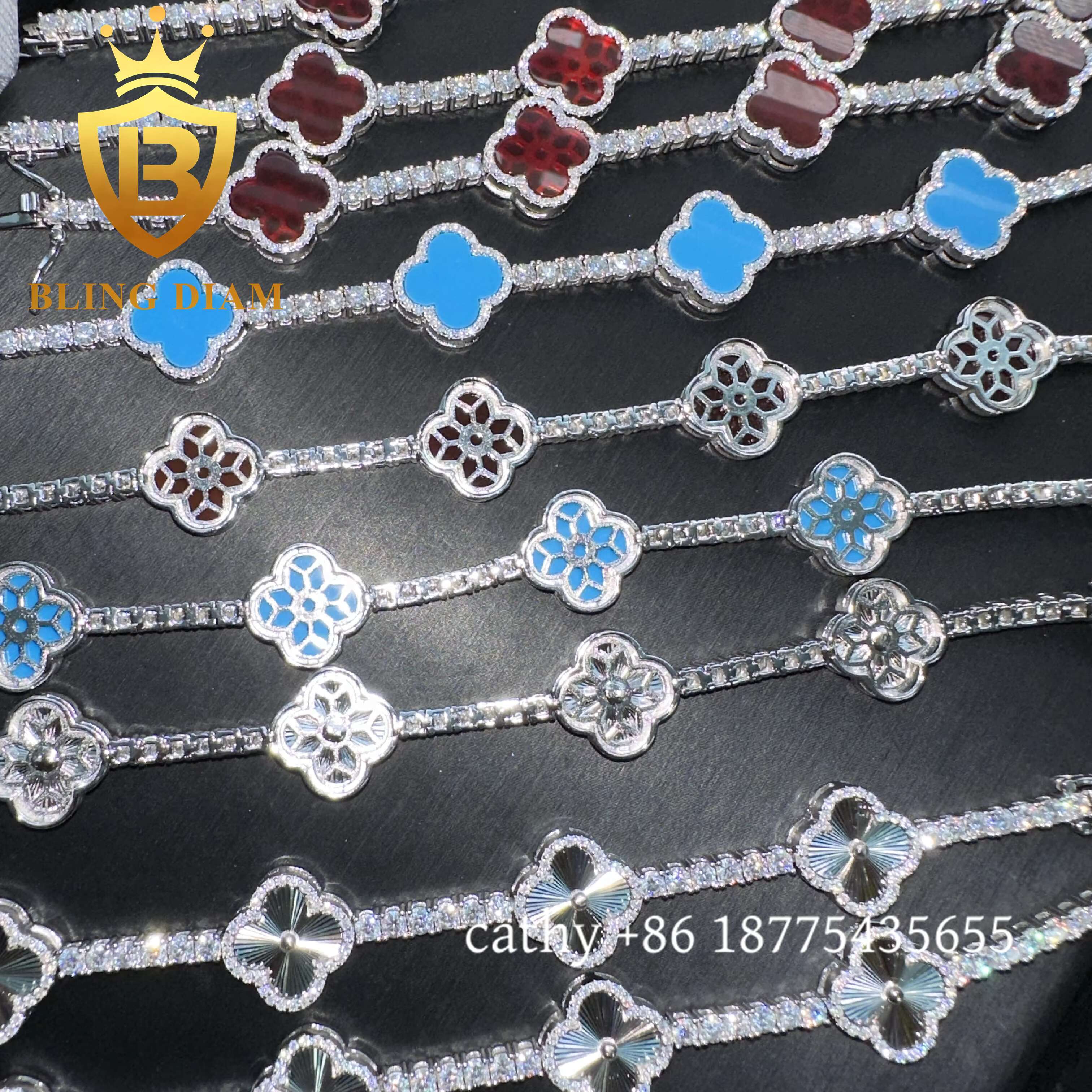 Hot Selling Four Clover Moissanite Tennis Bracelet 925 Sterling Silver Agate 3mm Moissanite Bracelet Pass Diamond test