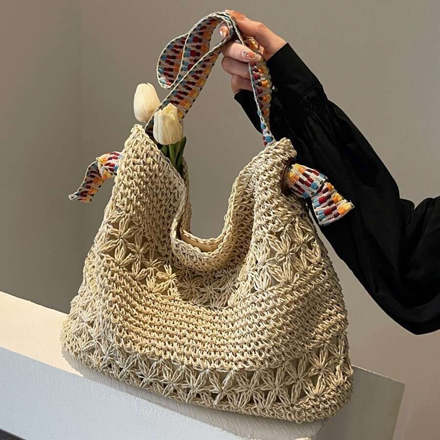 Ins Style Resort Beach Bag New For Women S Vacation Style Summer Popular Beach Straw Woven Large Capacity Single Shoulder Tote Bag KQ