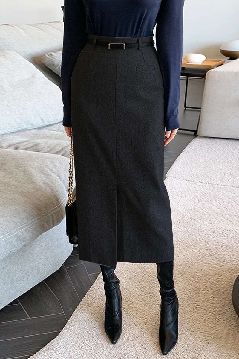 Elegant Women Striped Faux Wool Pencil Skirts Belted Autumn Winter Office Ladies Casual A-Line High Waist Midi Skirt L901a