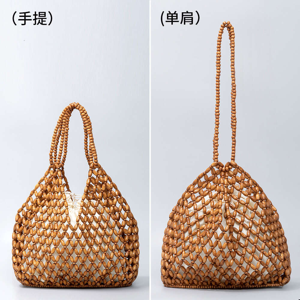 Ins Style Resort Beach Bag Holiday Hand Woven Women S Beach Wooden Bead Bag Leisure Travel Handbag Shoulder Bag KQ