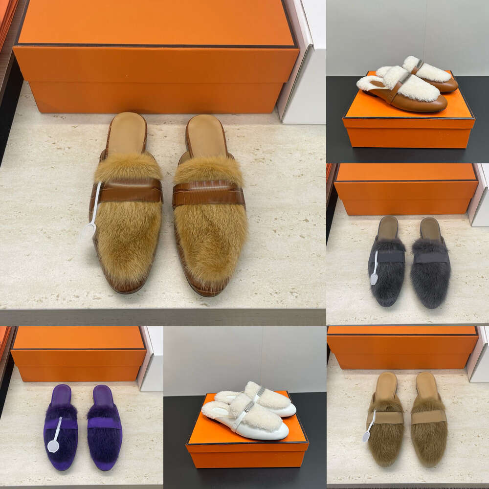 10A designer Shoes luxury Mule Scuffs fashion classic Women Mules slippers calfskin leather Color blocked lamb wool Letter fur slide furry slide Size 35-42 shoe
