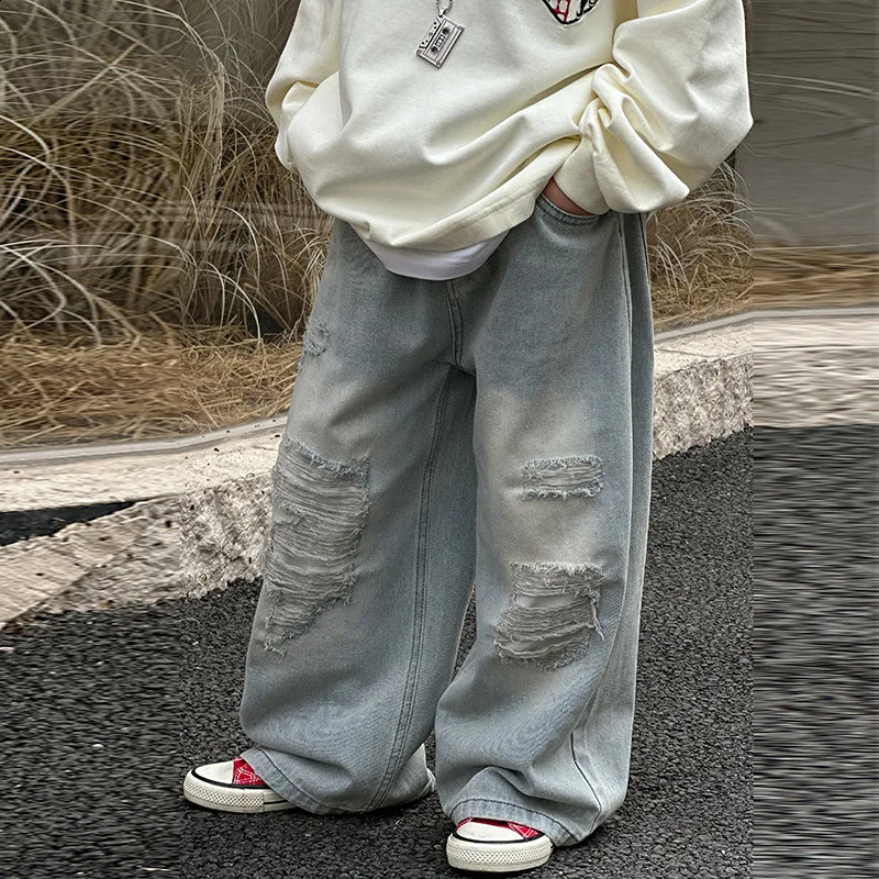 Spring Summer Autumn 210 Year Old Boys Jeans Loose Wide Leg Pants Light Blue Tear Childrens Versatile Trousers A2588 250414z