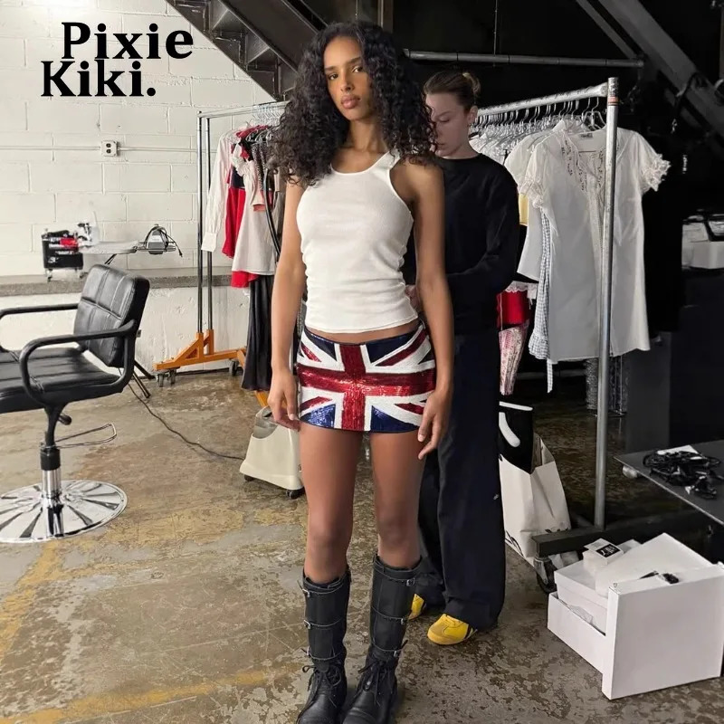 PixieKiki Flag Print Sequin Extreme Mini Skirt Y2k Streetwear Sexy Low Waist Skirts for Summer Women Clothing P67-EZ22 251117