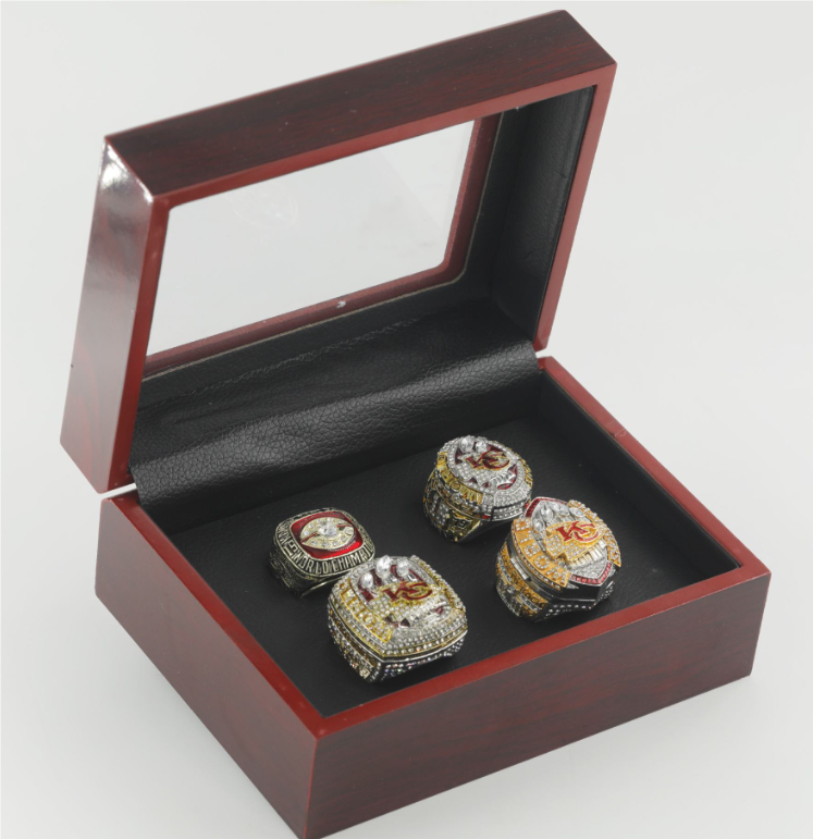 4pcs Chiefs American Football Team Champions Championship Ring with Wooden Display Box 2019 2022 Sport Souvenir Men Women Fan Gift 2024 R250425