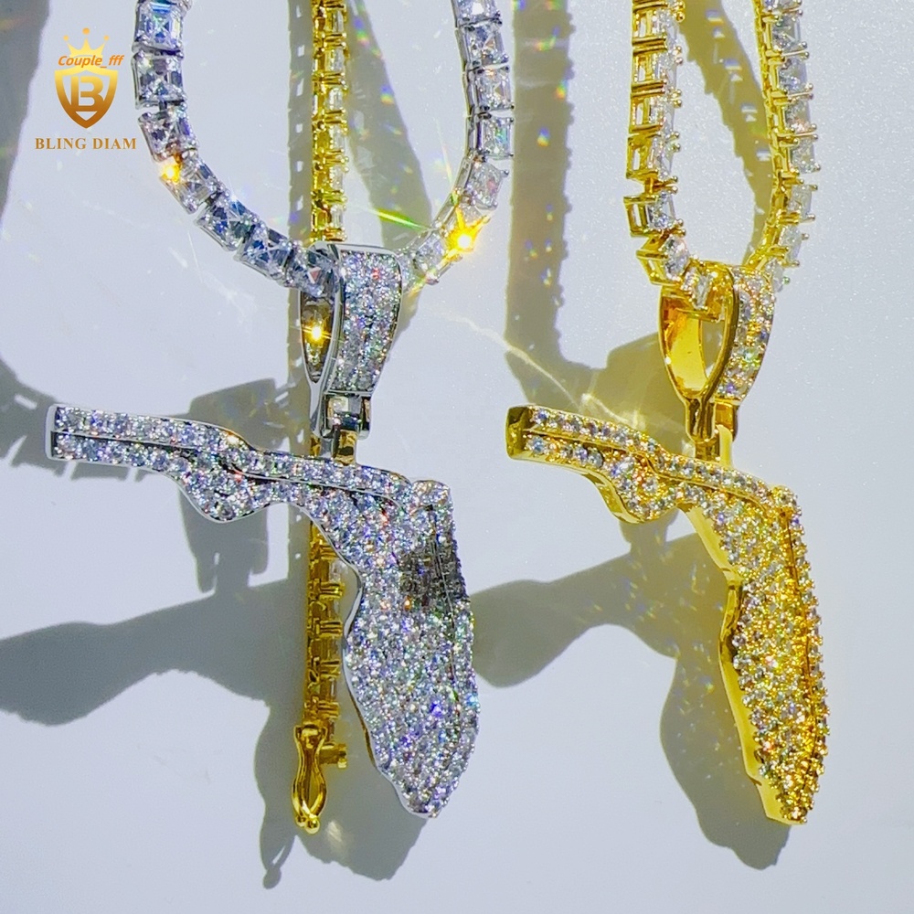 Wholesale Custom Hip Hop Jewelry Iced Out VVS Moissanite Diamond Necklace Set Florida Map Design Pendant