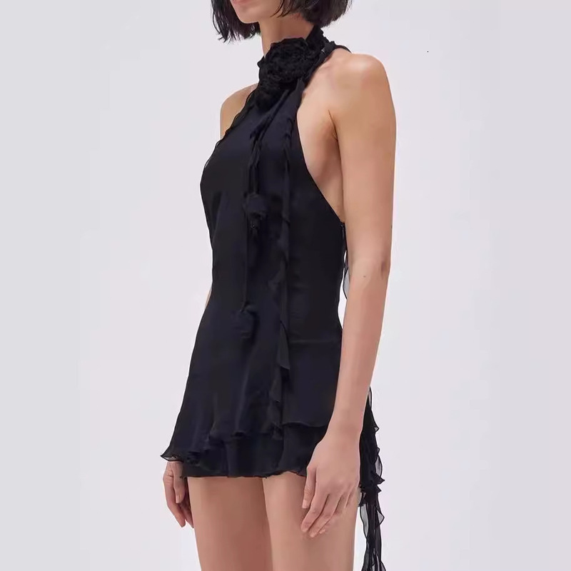 The Same Style As The Current Runway Show Blum Rine Irregular Lotus Leaf Three-Dimensional Rose Neck Hanging Ribbon Dress For Women