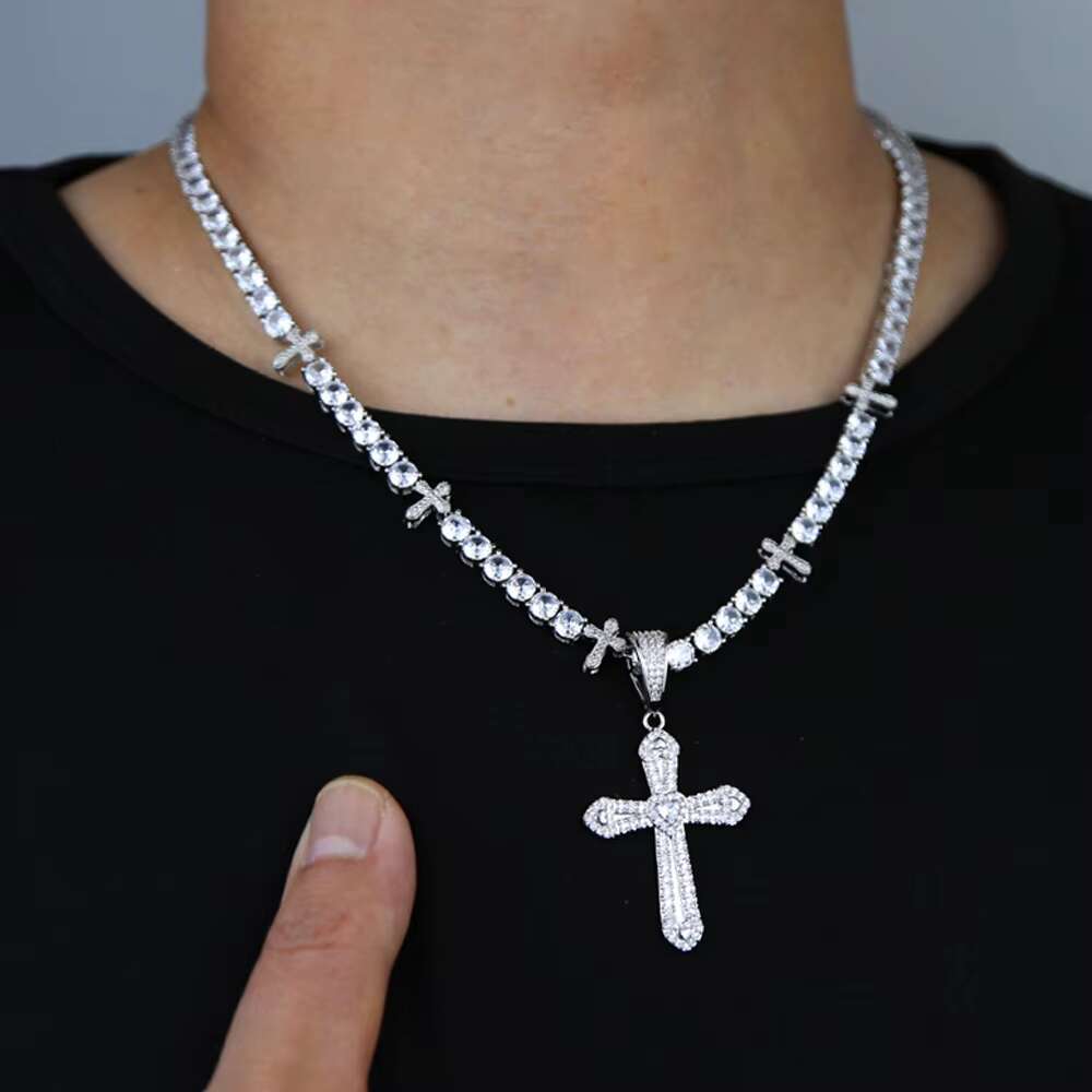 Hip Hop Full Diamond Cross Pendant With Tennis Chain Iced Out Cross Tennis Necklace for Men Rapper Jewelry Wholesale
