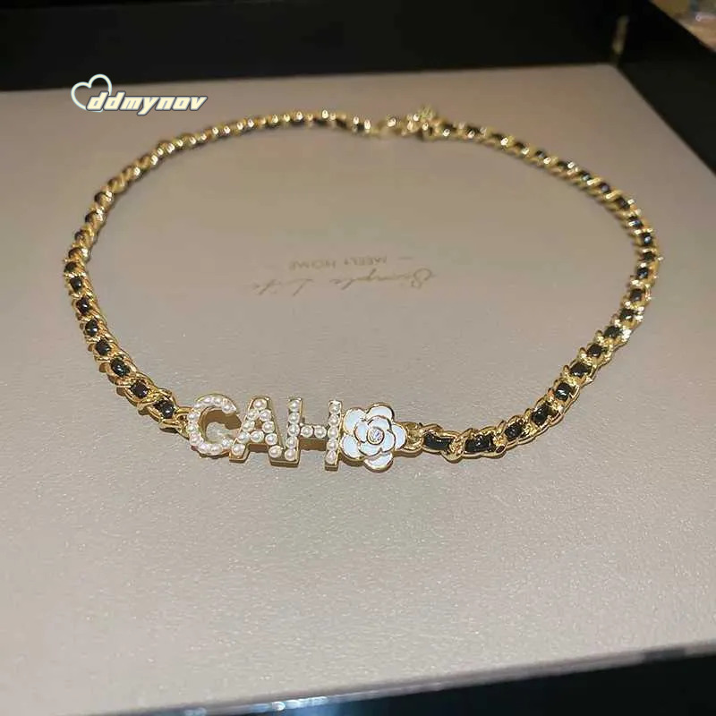 Camellia Pearl Letter Necklace - French Leather & Metal Choker for Women | Classy Designer Pendant ddmynov