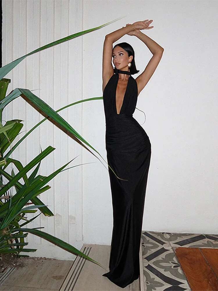 Sexy Halter Party Maxi Dress Women Deep V-Neck Backless Sleeveless Split Slim Dresses Summer Hip Package Evening Club Robes