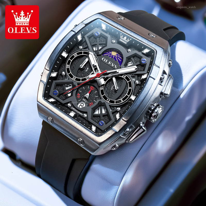 OLEVS Brand Designer Men's Casual Luxury Barrel Watch New Fashion Silicone Strap Luminous Multi-functional Quartz Waterproof Men's Watch Fre