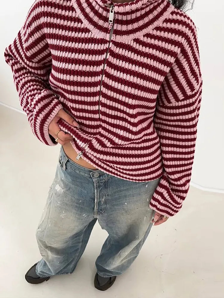 Casual Long Sleeve Zipper Knitted Coat Fashion Stand Collar Stripe Knitting Cardigan for Women Spring Autumn Female Sweater 251120