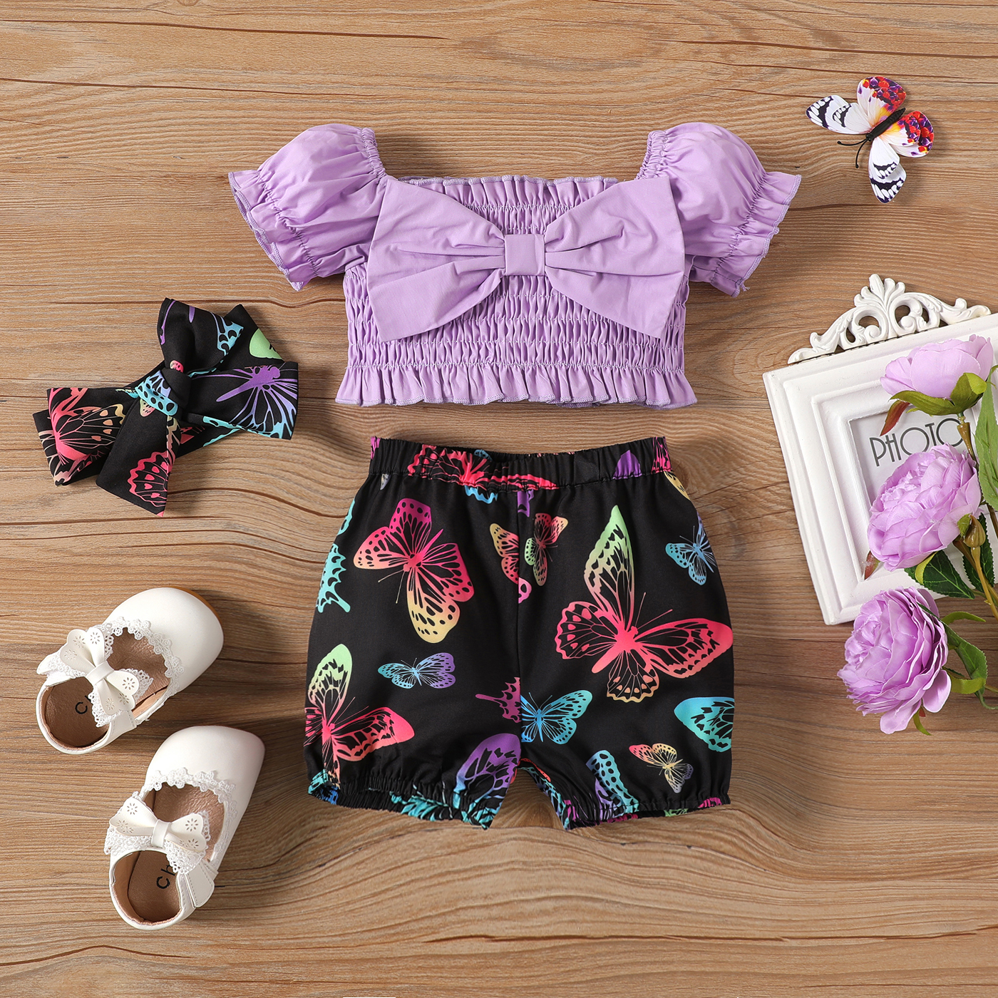 PatPat 3pcs Baby Girl 100% Cotton Off Shoulder Puff-sleeve Bow Front Shirred Top and Allover Butterfly Print Shorts & Headband Set