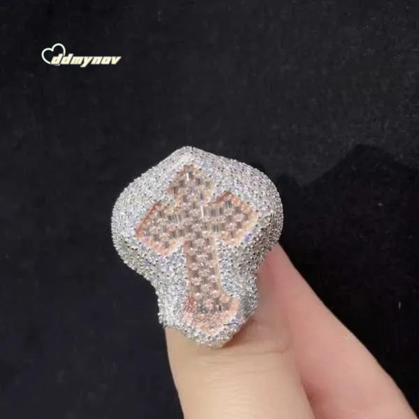 Custom Jewelry rose gold Plated Iced Out Vvs Baguette Moissanite for men Cross Hip Hop Ring ddmynov