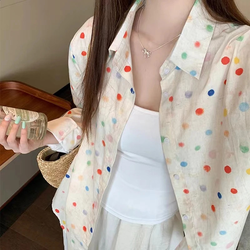 Fashion Polka Dot Printing Women Shirt Loose Sweet Casual Blouses Office Women Summer Long Sleeve Sunscreen Lady Tops Clothes 250421