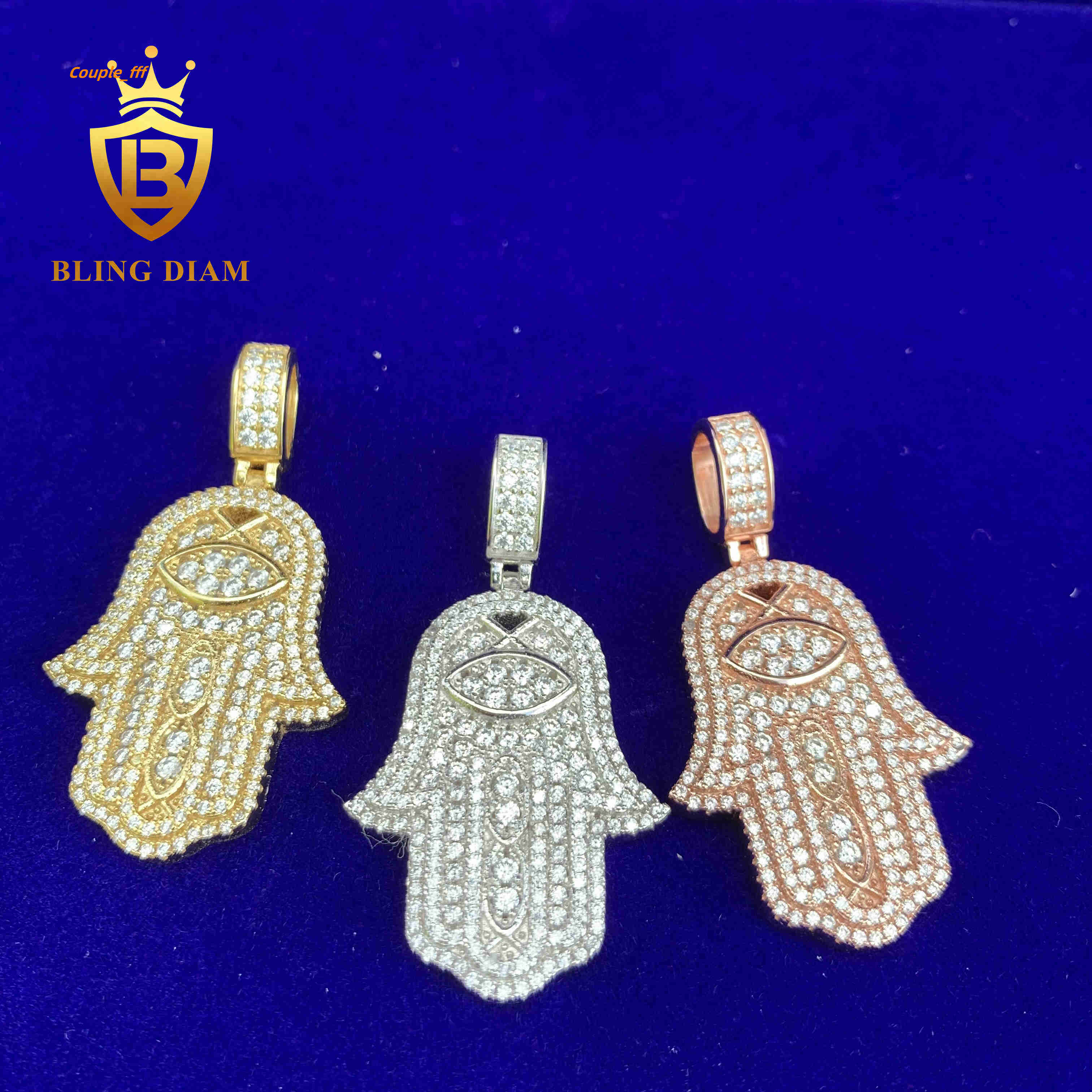 Shining 925 Sterling Silver Hip Hop Iced Out Vvs Moissanite Diamond Hasma Hand Pendant for Men Women