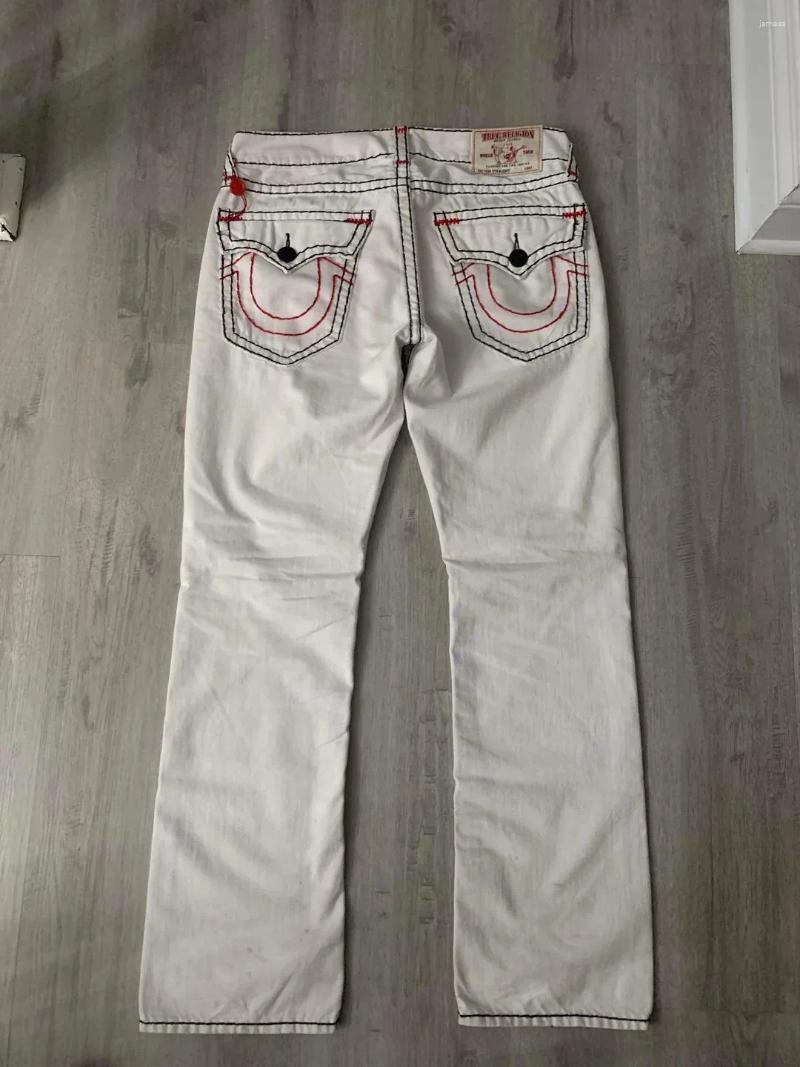 Men's Jeans American Retro Buddha White YK Clothes Men Women Gothic Hip Hop Pocket Embroidery Baggy Low Waist Wide Leg Trousers