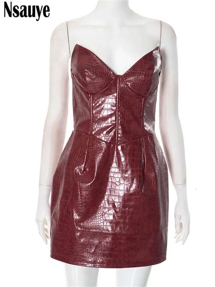 Nsauye New Elegant Sexy Fashion Leather Strapless Women Night Club Evening Party Short Bodycon High Waisted Dress 2025