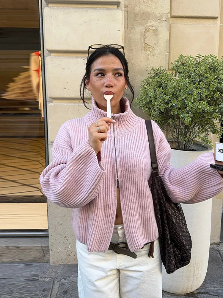 Casual Long Sleeve Zipper Knitted Coat Fashion Stand Collar Stripe Knitting Cardigan for Women Spring Autumn Female Sweater 251120