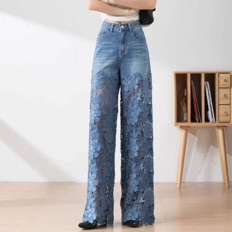 Fashion Elegant Jeans For Women High Waist Lace Patchwork Pantalones Hollow Out Oversized Spring Casual Loose All Match Pants