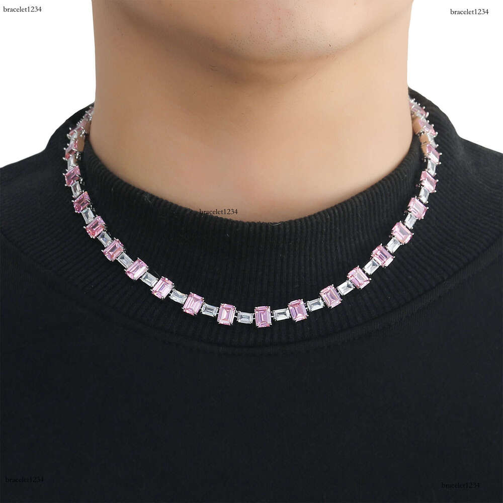 Luxury designer Pink square ice out VVS Moissanite tennis collarbone chain, hip hop necklace bracelet for men and women Free delivery