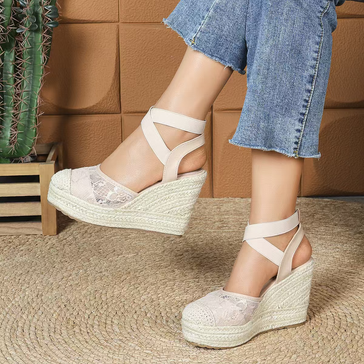 Wedges Women's 2024 Summer New New Fashion Mesh Peep Toe Platform High Heel Sandals Sexy Party Dress Women Sandalias a8ca