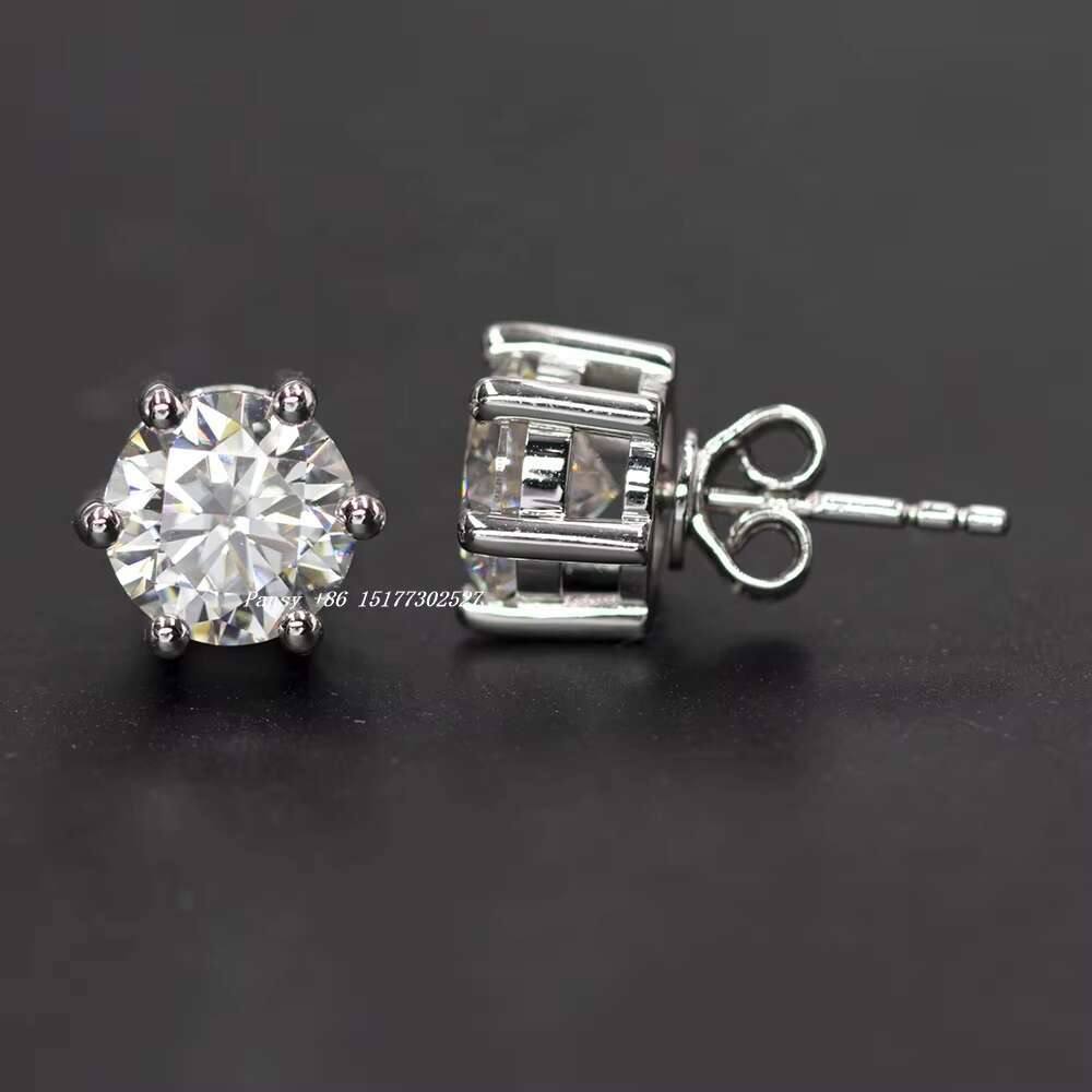 Wuzhou Moissanite Diamond 2CT 8mm Round Shape D Color VVS Clarify Stone Six Claw 925 Sterling Silver Earrings