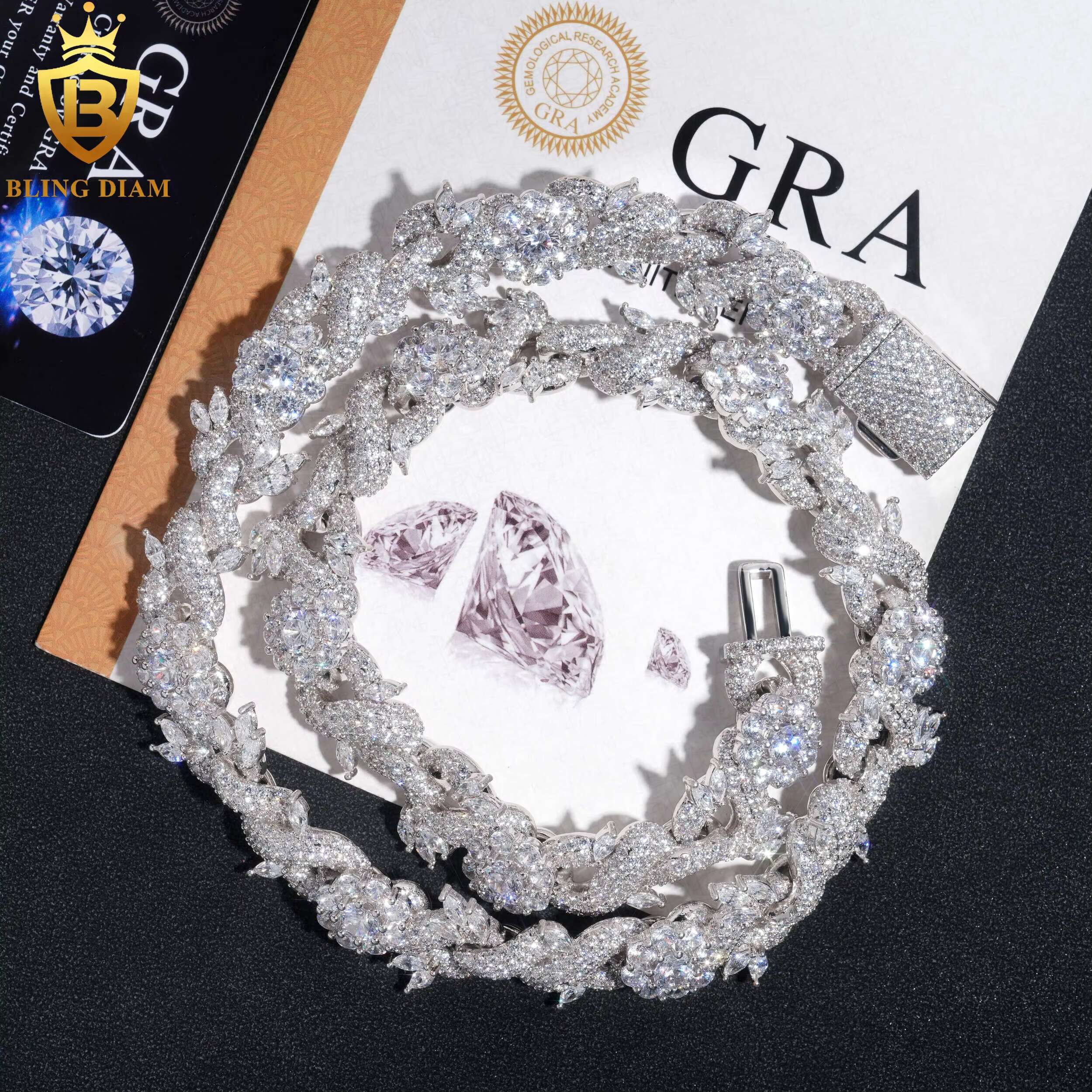 15mm Hip Hop Jewelry Cuban Link Chain Flower Fancy Shape VVS Moissanite 925 Silver for Men Bracelet Necklace