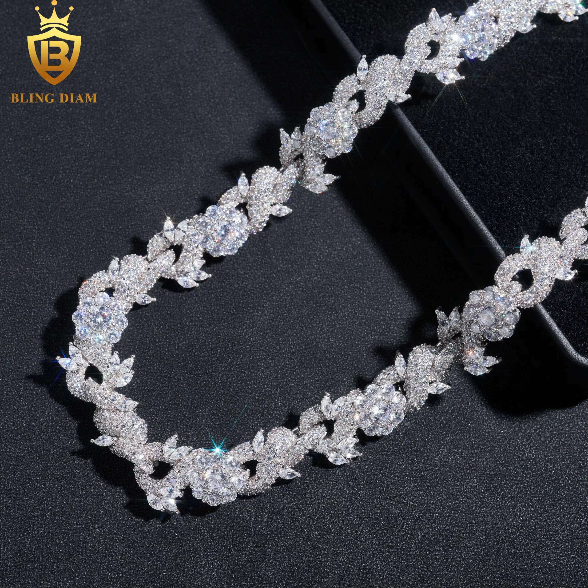 15mm Hip Hop Jewelry Cuban Link Chain Flower Fancy Shape VVS Moissanite 925 Silver for Men Bracelet Necklace