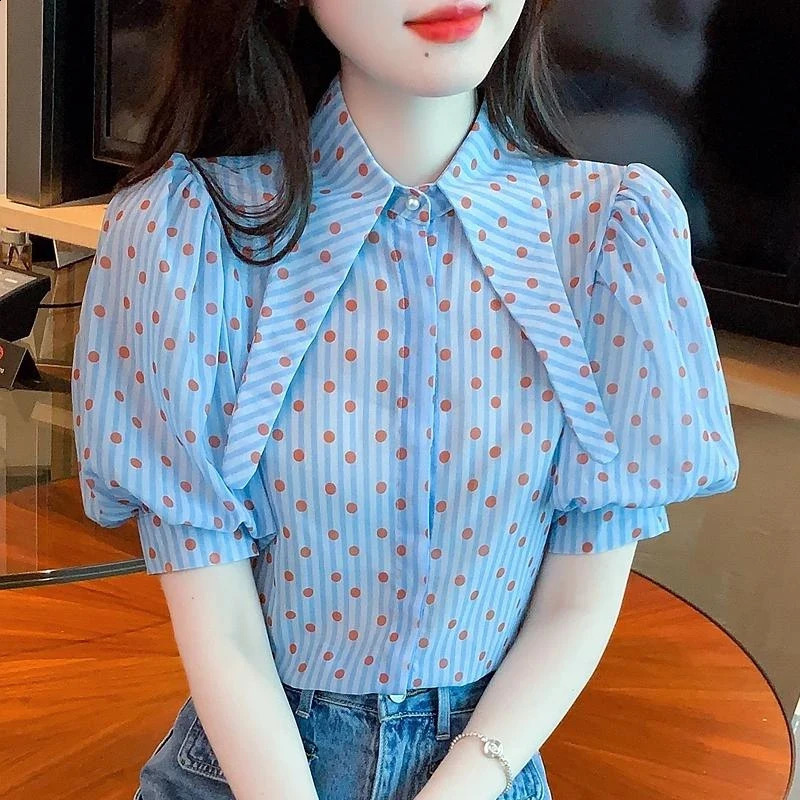 Fashion Summer Polka dot Print Elegant Shirts Loose Turn down Collar Short Puff Sleeve Blouses Vintage Casual Blue Tops 27484 250421