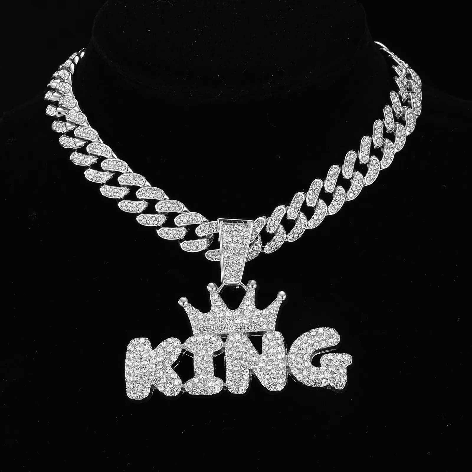2023 Iced Out Cuban Chain Prong Chain Tennis Chain with Alloy and Bling Rhinestone Hip Hop King Letter Pendant Necklace