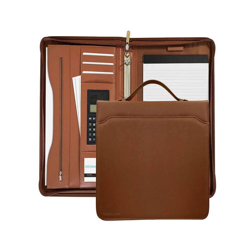 Portfolios 3-Ring Leather Business Folder Binder A4 Zippered With 10 Inch Tablet Sleeve Slot Solar Calculator Card Stora