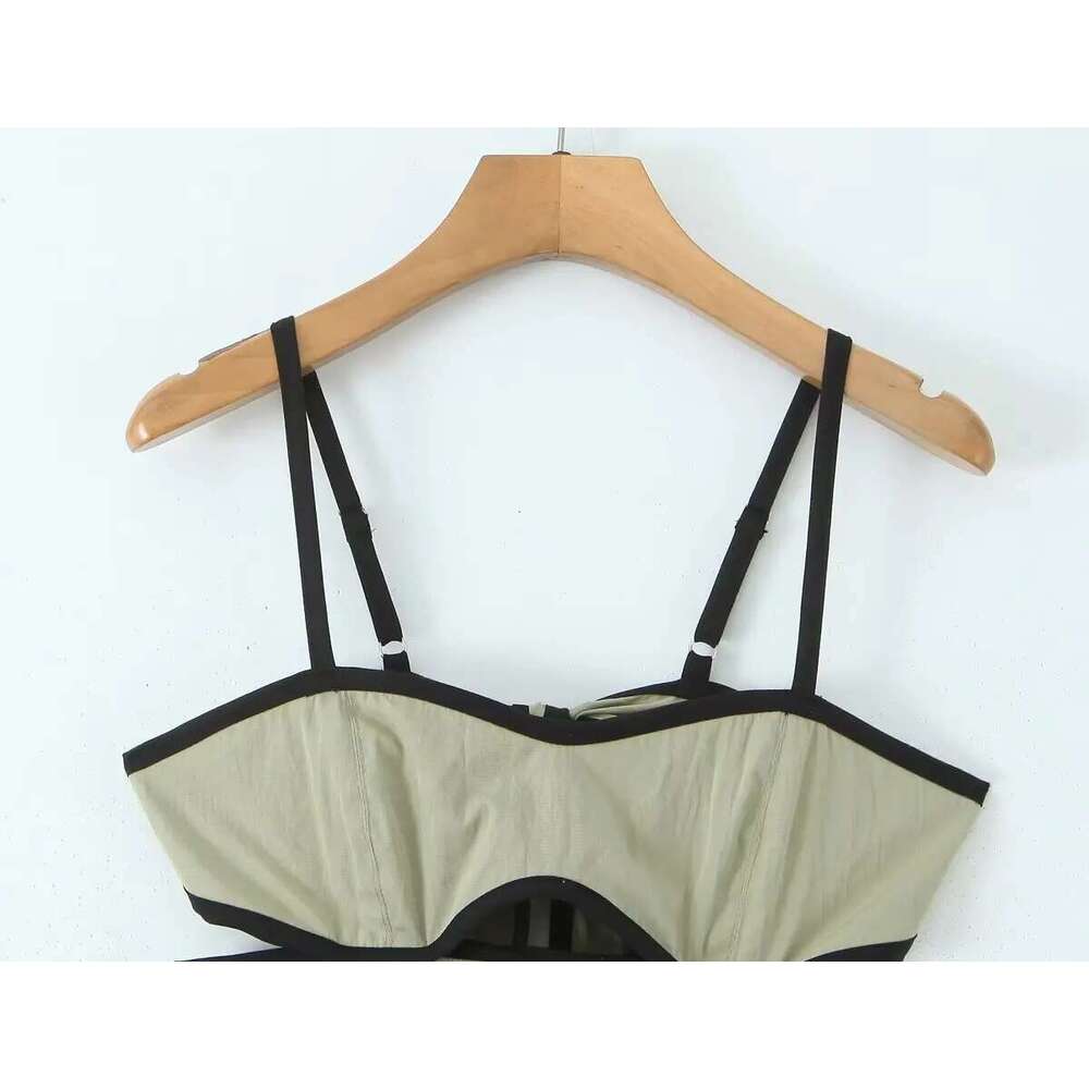 Designer Women's Clothing 2025 Fashion Green Contrast Black Edge Suspender Dress Summer Sleeveless Backless Beach Dresses