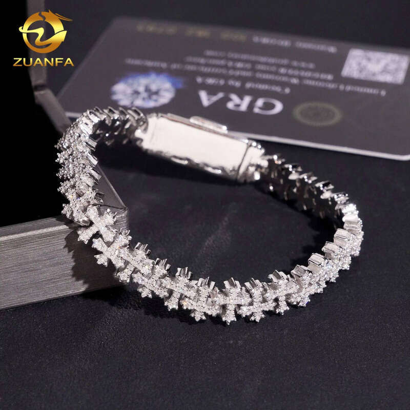 8mm Hip-Hop Jewelry Sier Ice Out Cross Cuban Chain Moissanite Pass Tester