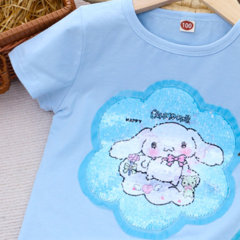 DISNEY Kids designer clothes children's summer clothes women's short-sleeved T-shirt cartoon color-changing sequin cotton base casual top.