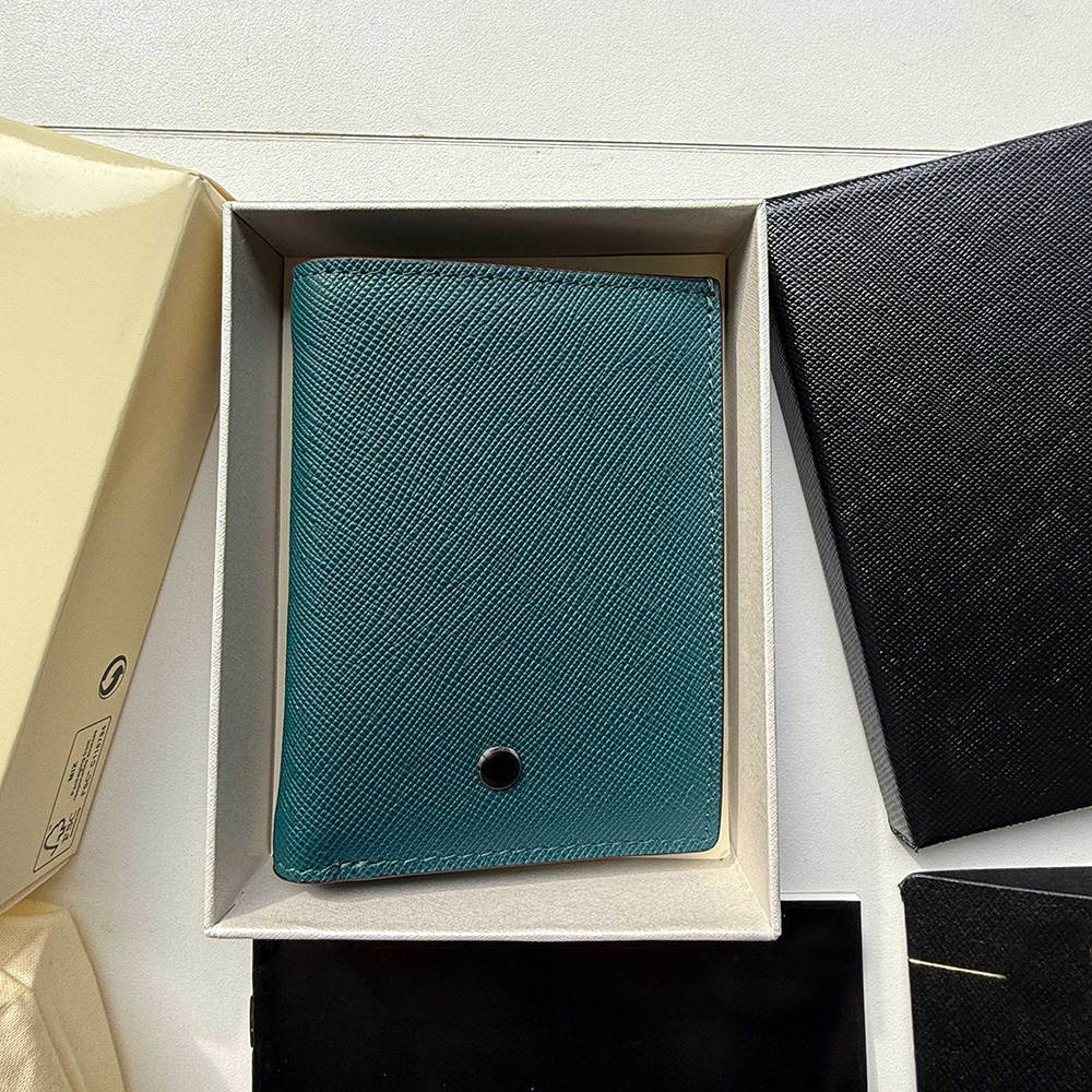 Business card holder Wallet Blue Genuine Leather Men's Wallet Credit Card Euro USD Pocket Coin Purse Button Card Slot Women's Wallet Handbag with Box