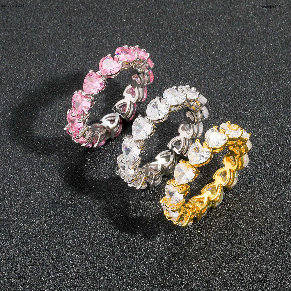 Luxury designer Love Pink Ice out VVS Moissanite Ring for men and women Heart Hip Hop ring with free shipping