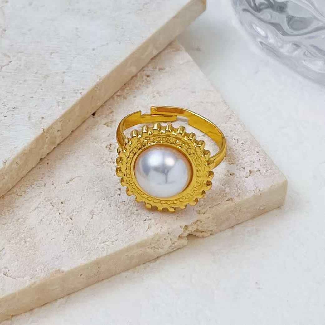 Vintage ring with electroplated pearl fan-shaped adjustable ring High quality gold designer diamond ring rings designer for women engagement men love - view 6