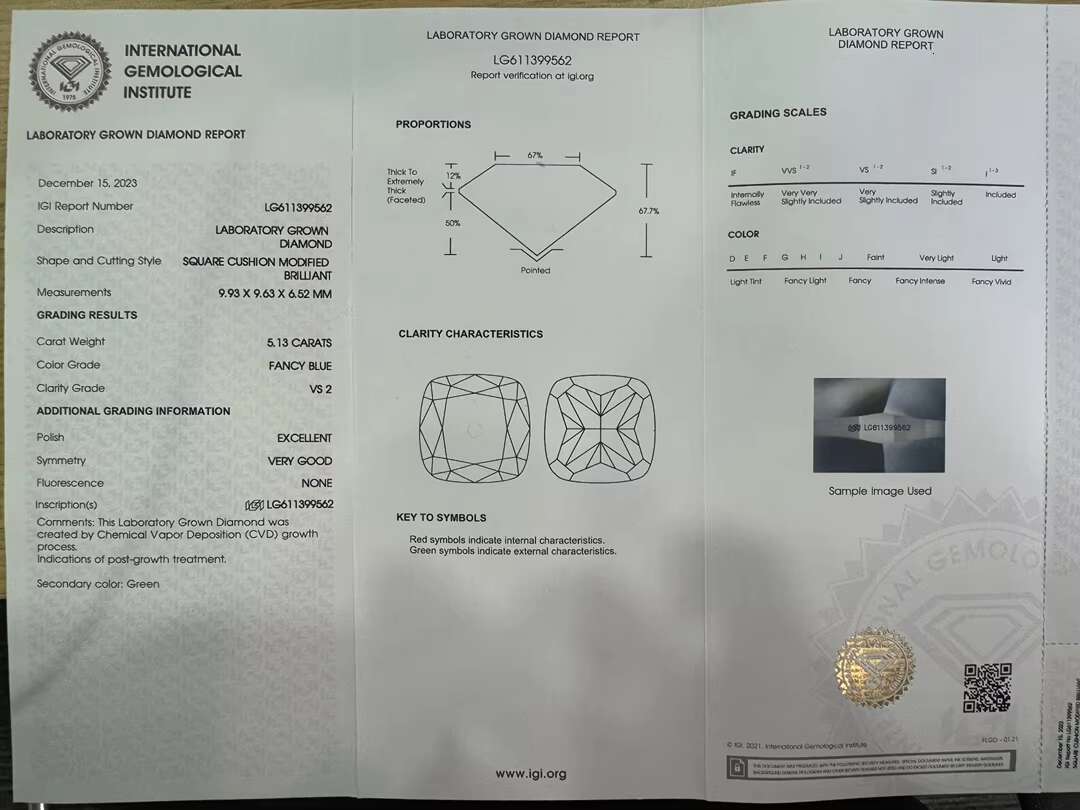 Lanphear Fancy Blue Color IGI Certified CVD VS2 5.13Ct Lab Diamond Cushion Cut Fancy Shape Lab Grown Diamond HPHT Loose Diamond