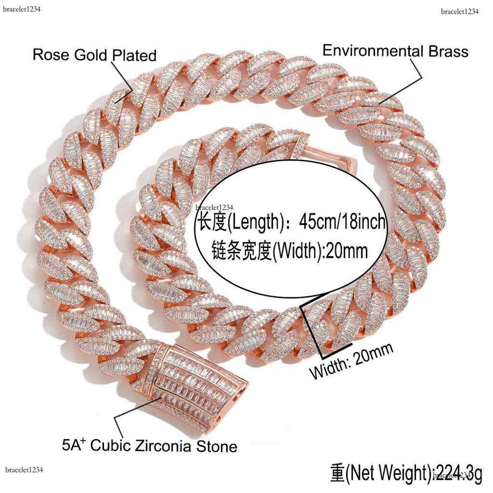 Luxury Hip Hop 20mm Rose Gold Blend Set t Square Ice out VVS Moissamite Cuban Chain Men's and Women's Necklace Bracelet Free delivery