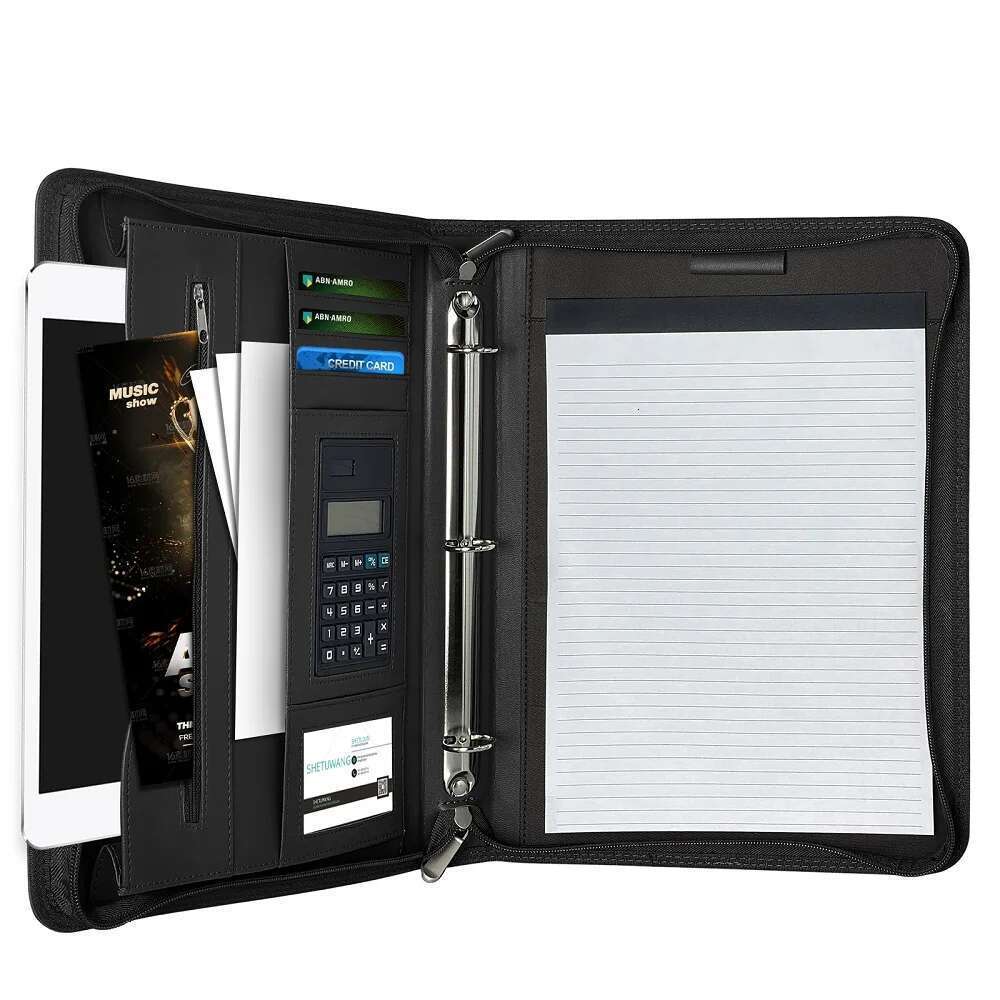 Portfolios 3-Ring Leather Business Folder Binder A4 Zippered With 10 Inch Tablet Sleeve Slot Solar Calculator Card Stora