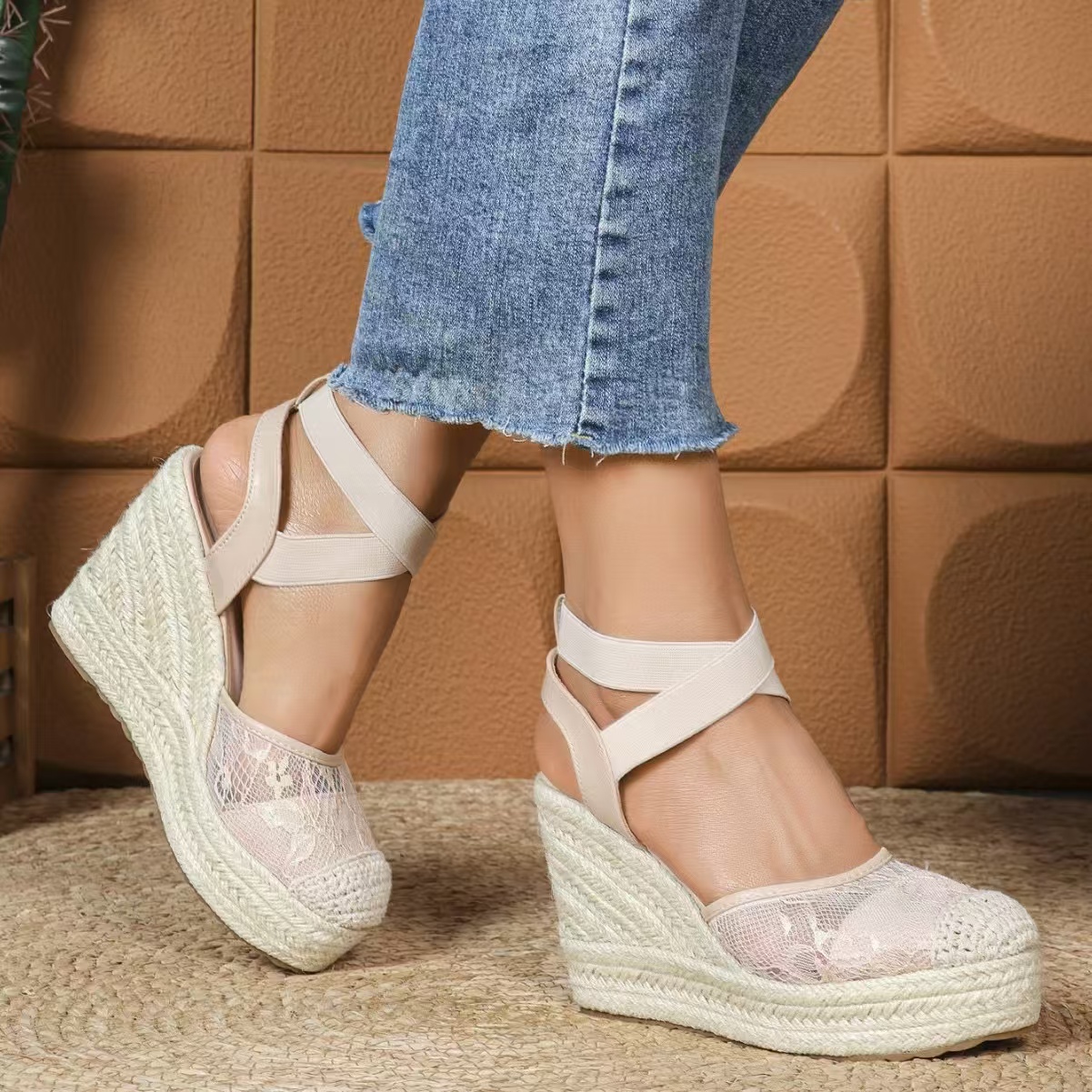 Wedges Women's 2024 Summer New New Fashion Mesh Peep Toe Platform High Heel Sandals Sexy Party Dress Women Sandalias a8ca