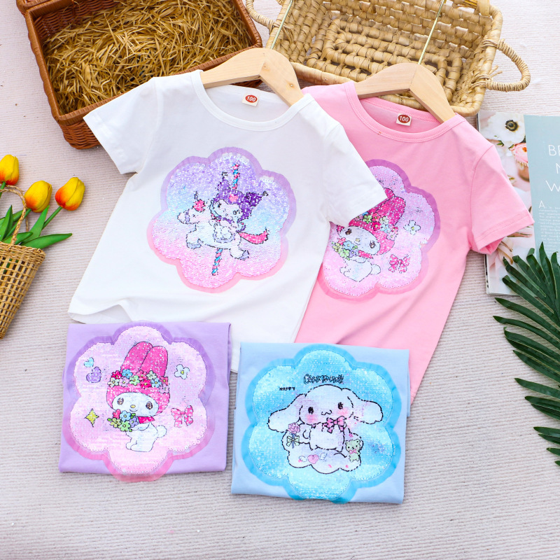 DISNEY Kids designer clothes children's summer clothes women's short-sleeved T-shirt cartoon color-changing sequin cotton base casual top.
