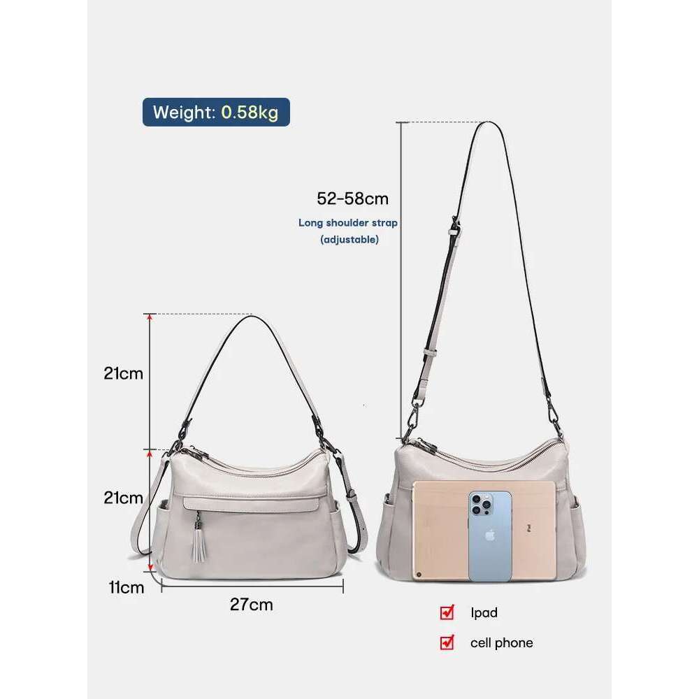 Designer Bag Zency Beige 100% Genuine Leather Soft Hobo Shoulder Women's Handbags Trendy Crossbody Bag Tassel Designer Underarm Bags