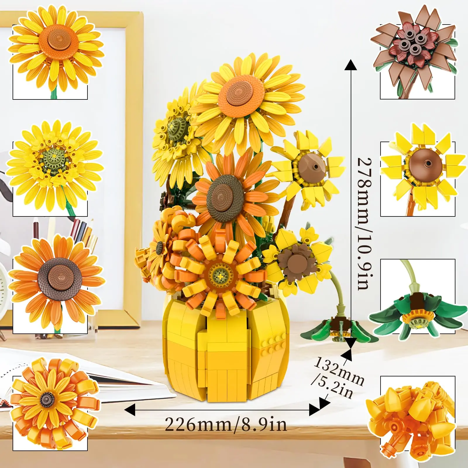 1009PCS Sunflower Building Blocks Preserved Flower Bouquet With Vase Model Bricks Home Decoration Kids Educational Toys Adult Holiday Gift