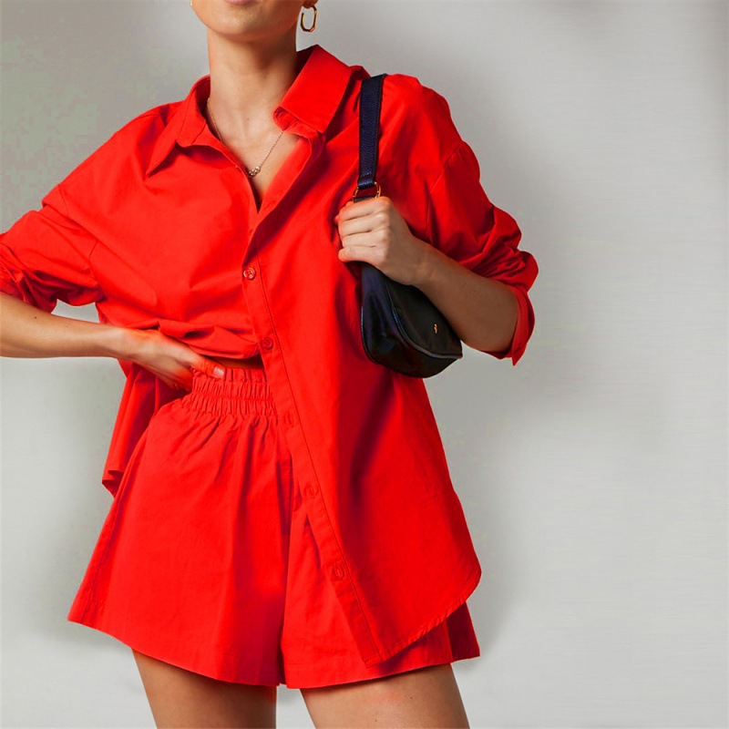 Women's Blouses Women Loose Fit Shirt Lightweight Lapel Long Sleeve High Waist Wide Leg Shorts Set With Pockets For Summer