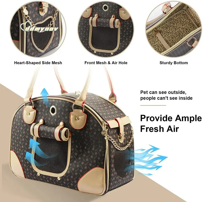 Luxury Leather Pet Carrier: Stylish Dog & Cat Travel Bag Waterproof Handbag with Breathable Mesh for Small Dogs, Puppies, Cats - 13 in ddmynov