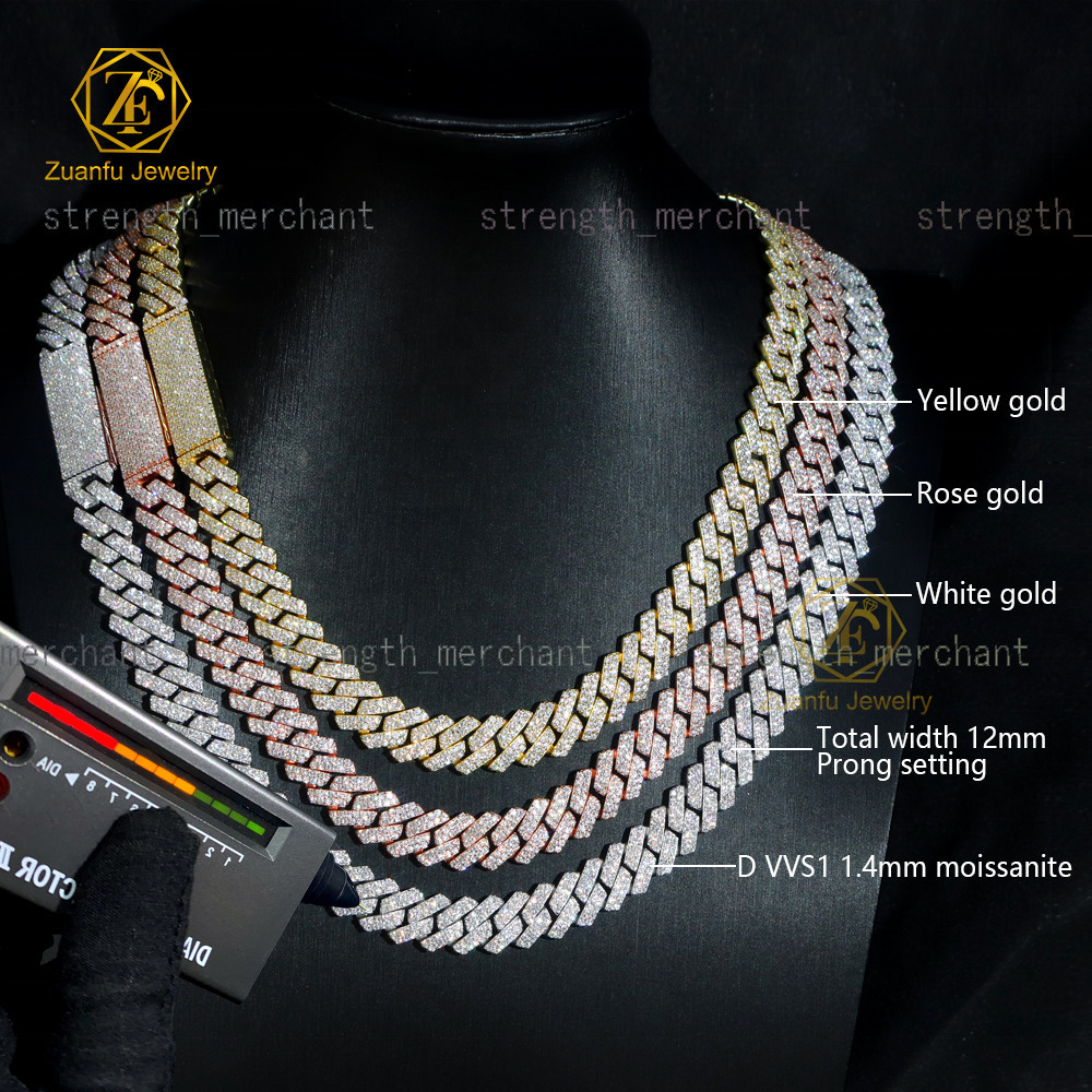 Real Silver 925 Hiphop Jewelry 8mm 10mm 12mm Moissanite Cuban Chain Rose Gold Moissanite Link Chain Clover Necklace
