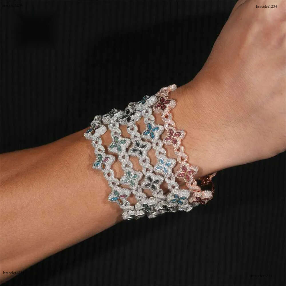 Hot Selg Colorful Hip Hop Iced Out Jewelry 15mm Sier Clover Cuban Moissanite Infinity k Bracelet for Men Free delivery