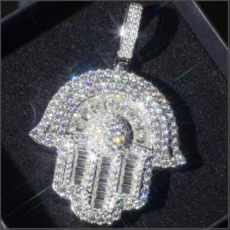 Pass Diamond Tester Wholesale Ice Out VVS Moissanite 925 Silver 15Inch Lucky Hamsa Hand Pendant Islam Hip Hop Men Necklace