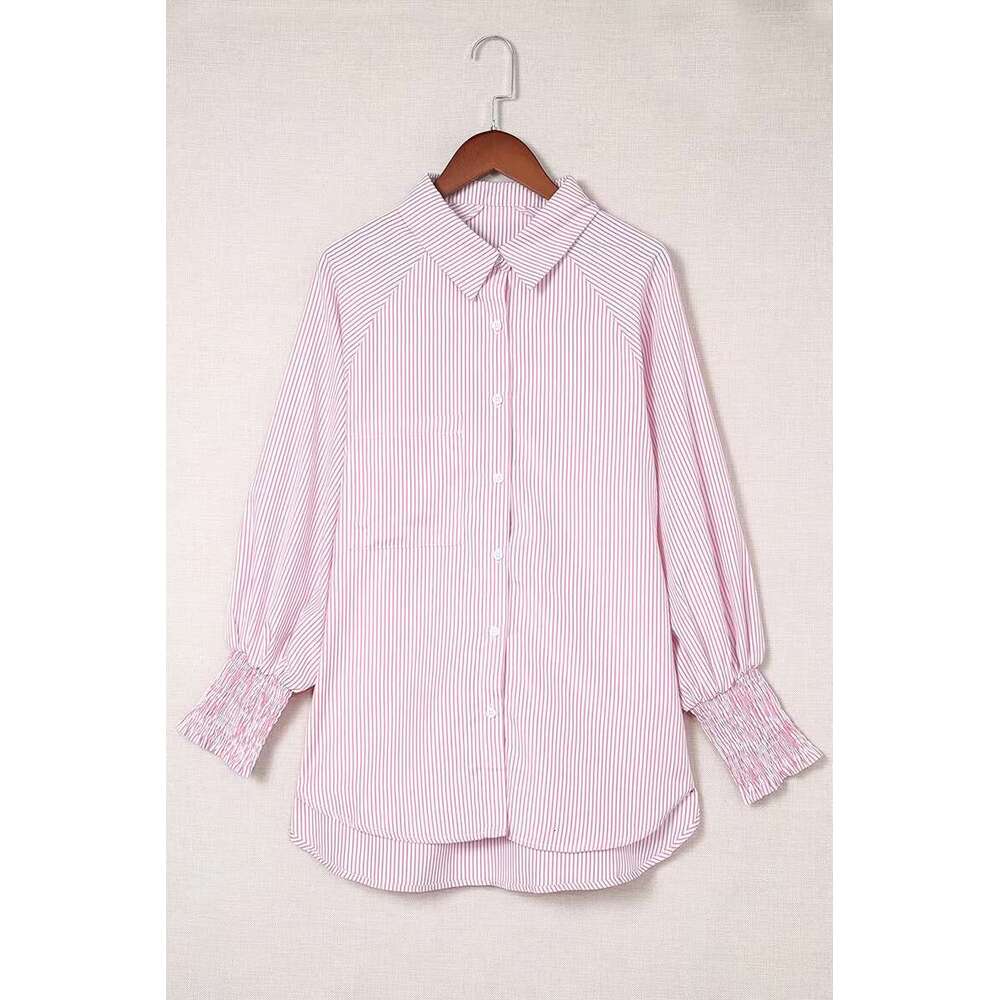 DHEssentials Women Blouse Bubble Long Sleeved Single Breasted Mid Length Shirt Cuffs Wrapped Around Striped Women's Blouses & Shirts